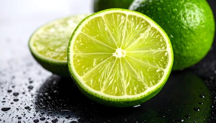 Limas frescas cortadas sobre superficie negra brillante con gotas de agua