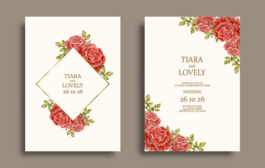 wedding invitation card design with red rose flower water color graphic