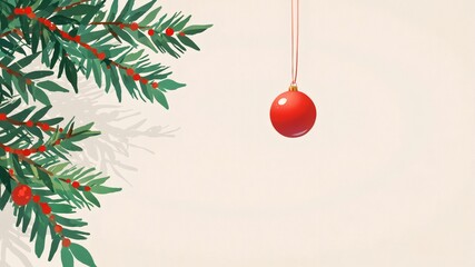 Minimal Christmas still life with red ornament hanging from branch with copy space