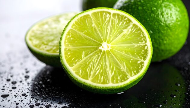 Limas frescas cortadas sobre superficie negra brillante con gotas de agua