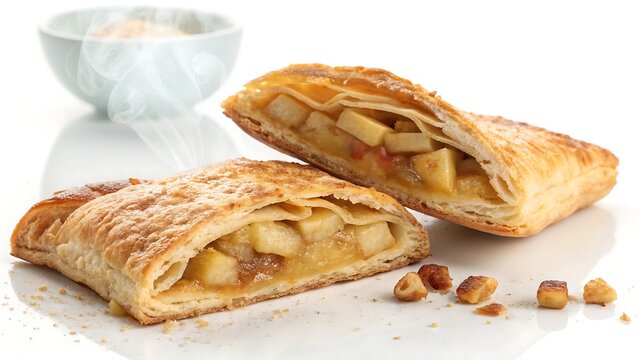Warm, golden apple turnover in crisp close-up view, highlighting flaky pastry texture and sweet filling against a white backdrop.