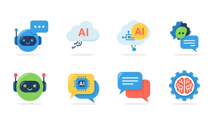 Artificial Intelligence Icons Set - Chatbots, Cloud AI, Brain Gears.