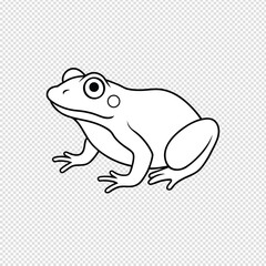 A minimalist black and white line drawing of a frog in profile facing left with clean lines and a transparent background perfect for graphic design projects