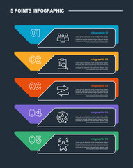 5 stage infographic process diagram with creative box triangle arrow combination on stacked list with dark background bright outline style