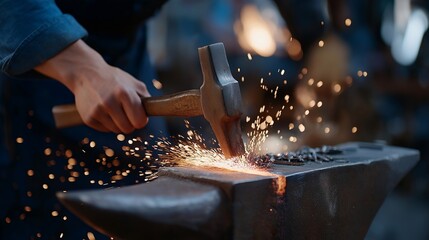 A metalworker forging glowing steel on an anvil, sparks exploding into the dark workshop as their hammer strikes with rhythmic power — traditional blacksmith craft, molten metal artistry, and