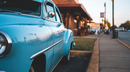 A classic vintage car parked on a city street during golden hour. mobility guides, transit brochures, designed for transport & logistics marketing, used by motion designers.