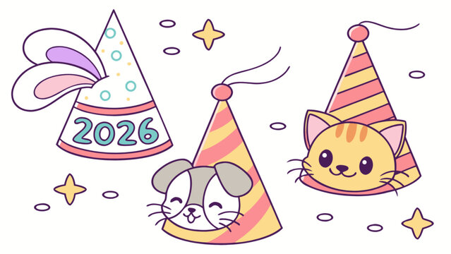 Three party hats with animal faces and bunny ears for new year celebration of the year two thousand twenty six