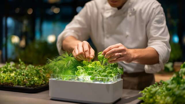 A chef demonstrating a compact countertop hydroponic garden system, fresh herbs glowing under LED lights as water circulates silently — indoor farming innovation, small-space gardening, and