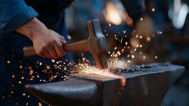 A metalworker forging glowing steel on an anvil, sparks exploding into the dark workshop as their hammer strikes with rhythmic power — traditional blacksmith craft, molten metal artistry, and
