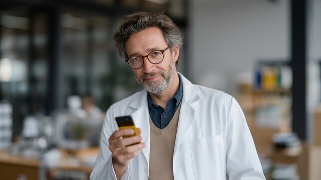 A biomedical engineer demonstrating a compact home diagnostic device, delivering instant health analytics through a tiny cartridge and smartphone app — personal health technology, portable - Powered by Adobe