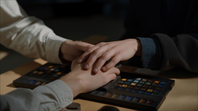 A stroke survivor relearning hand coordination using colorful therapy tools on a table, celebrating small victories with their therapist — neurological recovery, fine-motor training, and rehab