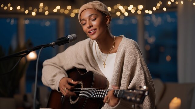 A musician livestreaming an acoustic performance from a cozy home studio, warm string lights creating mood while live comments cheer in the corner &mdash; intimate virtual concert, creative broadcasting,