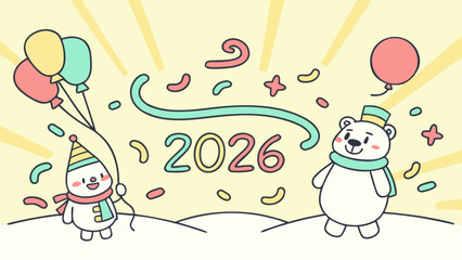 Naklejka premium Cartoon new year celebration with a snowman, bear, balloons, confetti and the year two thousand twenty six