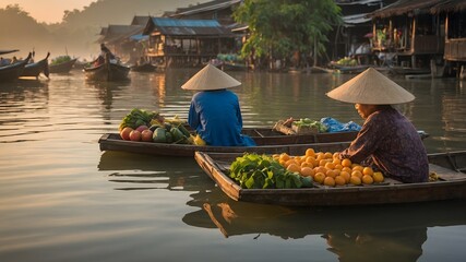 Obraz premium Mercado flotante al amanecer con vendedores en barcas tradicionales y frutas frescas sobre el agua