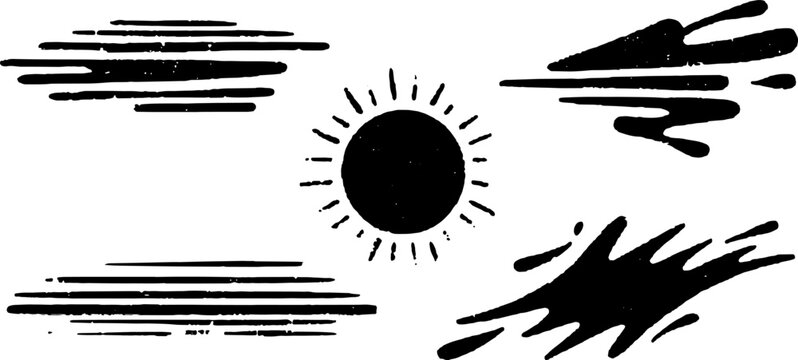 Sun and line drawing in vintage engraving style. Black graphic vector illustration for versatile design use with simple textures and elements set.