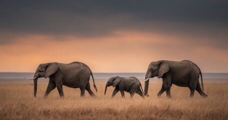 Three elephants walk across golden grassland under a dramatic sunset sky