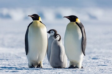 Penguin family of two adults and two chicks standing on an icy, snowy plain