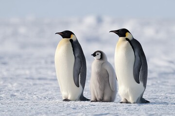 Two adult penguins stand with a chick on snowy ground, looking toward the distance