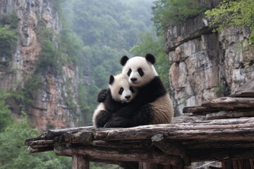 Fototapeta premium Two giant pandas cuddle on a wooden platform, cliffs and foliage behind