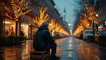 Fototapeta premium Elderly man sits alone on street bench in city against bright holiday lights. He looks sad and cold amid festive decorations, symbolizing loneliness during Christmas and social issues.