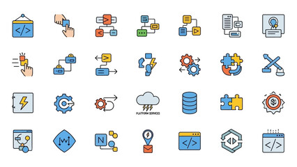 Collection of colorful icons representing software development and data management.