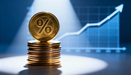 a percent sign is on top of a stack of coins, investment concept