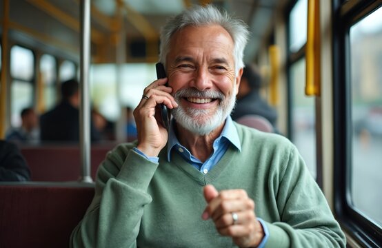 Smiling elderly man talks on smartphone in public bus. Mature passenger uses mobile device for calls while riding on urban transit. He looks happy and engaged.