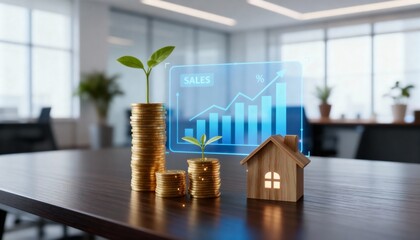 pile of coins increases, saving to buy a house, investment concept