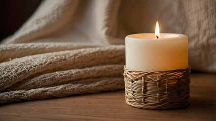 Vela encendida con portavelas de mimbre sobre mesa de madera en ambiente cálido y acogedor © EBG Stock Studio