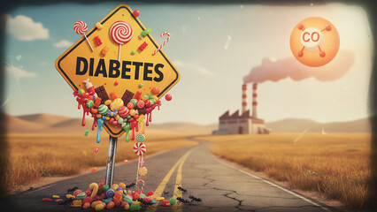 Road sign with diabetes surrounded by candy symbolizing the link between sugar and diabetes 71963657 1
