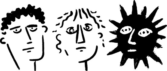 Silhouettes and hand-drawn outline art showcasing characters. This black vector illustration features expressive faces in a simple style.