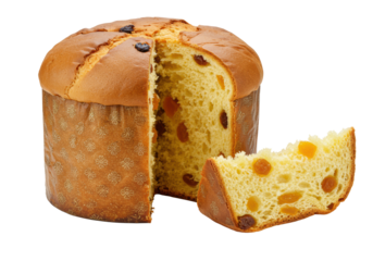 Traditional Italian Panettone sweet bread, golden-brown crust, fluffy interior with dark raisins and candied peels, isolated on transparent background with copy space, appetizing festive food concept