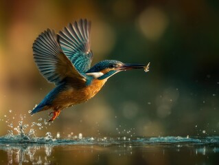 A vibrant kingfisher takes flight with a small fish in its beak over water