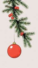 Minimal Christmas still life with evergreen branch and red ornament  