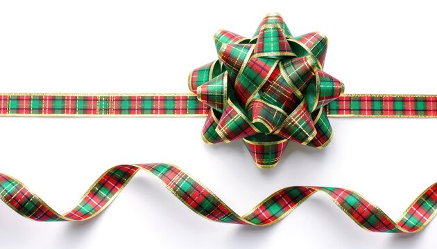 Decorative festive Christmas ribbon and bow with plaid pattern for gift wrapping. - Powered by Adobe