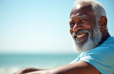 Smiling African American mature man with white beard enjoys brilliant sunny day on calm beach. Elder male person finds joy, freedom, deep relaxation by blue sea. Happy retired grandpa on tropical