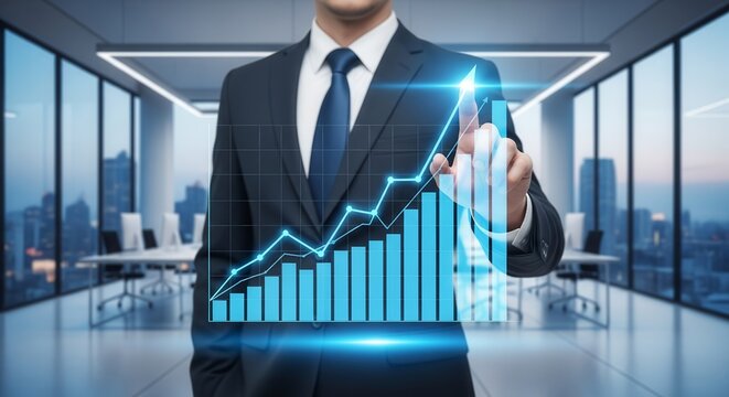 Business Professional Showing Progress Visualization Through Digital Graphs in Office