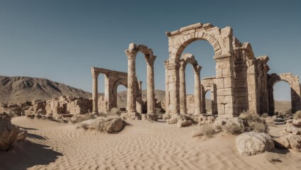 Ancient ruins of Palmyra in Syrian desert under clear sky.
