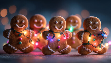 Festive Gingerbread Men Adorned with Christmas Lights.