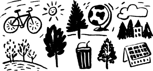 Bicycle and globe illustrated in a simple black and white graphic style. Contains trees, sun, and clouds in a vector design set.