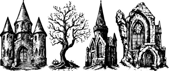 Gothic castle and tree in monochrome vector illustration. Detailed artwork featuring old buildings and ruins set against a scenic backdrop.