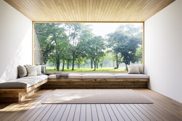 3D render of a minimalist interior with wooden bench seating, large picture window, and forest view, blending modern comfort with natural serenity.