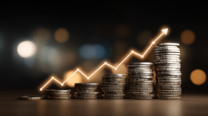 investment concept with money stacks and growth chart overlay