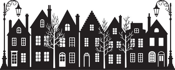 Laser cut Amsterdam style houses. Silhouette of row typical dutch canal houses at Netherlands. Stylized facade of old buildings. Wood carving, paper cut vector template. Background for banner, card
