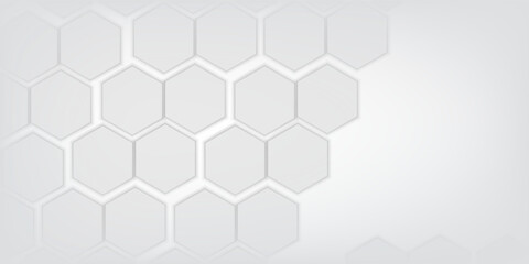 White hexagons with random size on white backdrop. A place for text on the left. Abstract 3d render illustration geometrical concept background. 3D Illustration