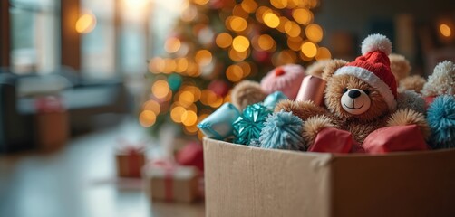 Cardboard box overflows with festive toys, gifts ready for donation. Smiling teddy bear wears Santa hat. Blurred Christmas tree lights shine in background. Holiday scene evokes generosity, giving,