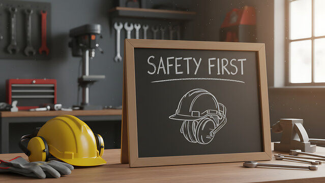 Safety first sign on blackboard with helmet and headphones symbolizes workplace safety 59262706 1