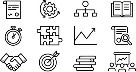 A collection of twelve black line icons representing various business strategies and operational processes