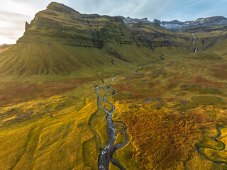 Aerial view around Kirkjufell Mountain - Grundarfjörður - Iceland