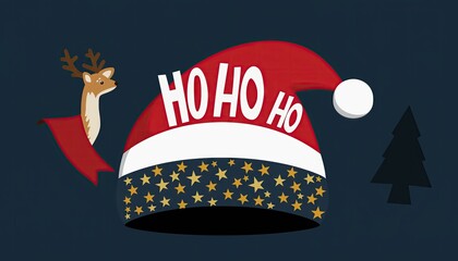 Festive Santa Hat with Ho Ho Ho Text and Reindeer Illustration.
